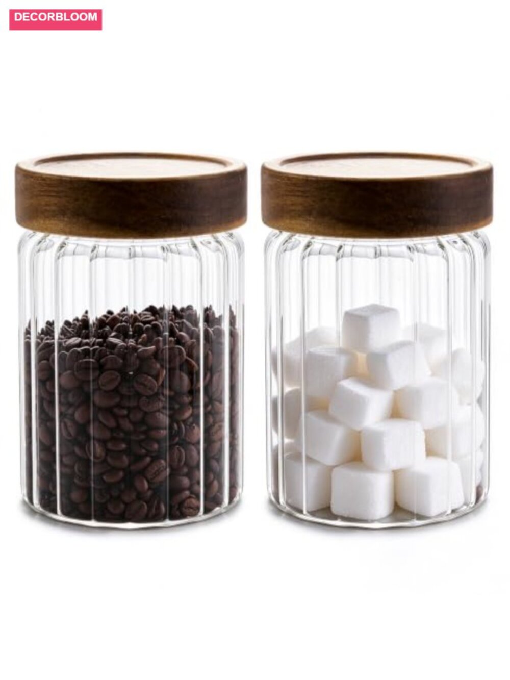 2PCS 28oz Glass Jars Airtight Acacia Wood Screw Lid Ribbed Food Storage
